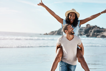 Image showing Beach adventure, piggyback and excited couple with space on summer holiday travel to ocean. Love, man and happy woman at sea, happiness on date in nature and vacation together in Mexico with mockup.