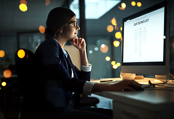 Image showing Night, computer screen or business woman reading research on network overtime on digital technology strategy. Late, lens flare or focused employee online for company deadline on internet in office