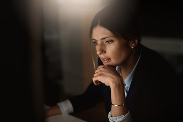 Image showing Computer, thinking and professional woman ideas for business review, software check and solution at night. Corporate person with information technology, desktop problem solving and research analysis