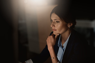 Image showing Computer, thinking and business woman ideas for online project, software check and brainstorming solution at night. Corporate person with information technology, problem solving and research analysis