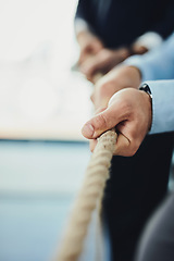 Image showing Hand, rope and business people with tug of war game for team building and collaboration, competition and mockup. Corporate conflict resolution, challenge and teamwork with employees in workplace