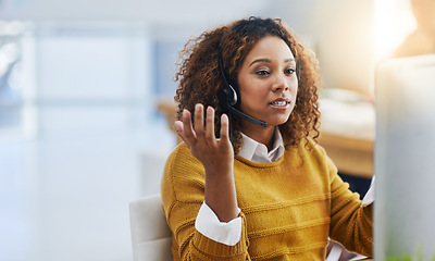 Image showing Communication, crm or woman in call center consulting, speaking or talking at customer services office. Virtual assistant, explain or sales consultant in telemarketing or telecom company help desk