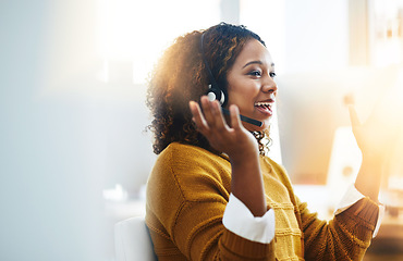 Image showing Communication, mockup or happy woman in call center consulting, speaking or talking at customer services. Virtual assistant, friendly or sales consultant in telemarketing or telecom company help desk