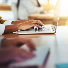 Image showing Hands, coworking or person typing on laptop networking on business project or online research at office desk. Woman, closeup or worker copywriting on blog report or internet article with keyboard