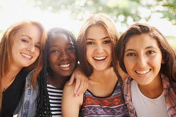 Image showing Girl friends, smile and portrait outdoor with diversity in summer on holiday with travel. Female student, sunshine and happiness face of young gen z and teen people together on vacation feeling happy