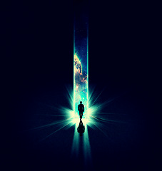 Image showing Light, fantasy and man with awareness, enlightenment and overlay with the great beyond, portal route and cosmos. Being, male and person with darkness, universe and journey with creativity and galaxy