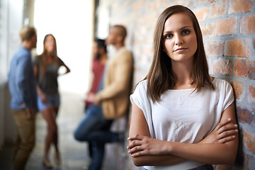 Image showing University, hallway or portrait of woman with crossed arms for education, knowledge and learning. College, academy or scholarship female student with friends in campus corridor for studying or school