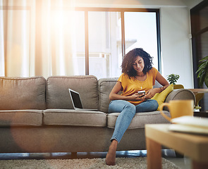 Image showing Relax, home and woman with a smartphone, typing and connection with social media, communication and digital chatting. Female person, laptop and girl on a couch, cellphone and mobile app for texting