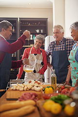 Image showing Cooking, food and senior friends in the kitchen of a home for a dinner party or social celebration event. Diversity, retirement or community with a group of men and women in a house to prepare a meal