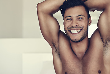 Image showing Smile, portrait of happy shirtless young man and in bedroom background. Skin treatment or body care, confident and smiling topless male model promote healthy lifestyle or wellness at his home