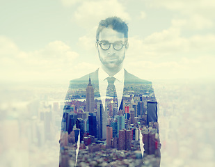 Image showing Business man, cityscape and portrait with double exposure, entrepreneurship and ceo in suit. Young businessman, overlay and corporate manager by skyline in metro with skyscraper, clouds and vision