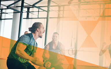 Image showing Fitness, man and scream to celebrate success at gym with group in class for power challenge or strong muscle. Athlete people together for workout, motivation or exercise goals with mockup overlay
