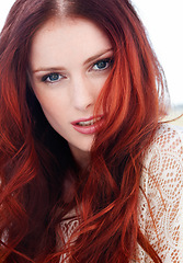 Image showing Red hair, woman and face outdoor with beauty care with cosmetics and makeup. Female person, young model and portrait with ginger and beautiful redhead hairstylist treatment with skin cosmetic