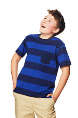 Image showing Happy, young boy and wow in studio for fashion, sale or deal while posing excited on white background. Surprised, preteen and male person looking up for discount, good news or isolated announcement