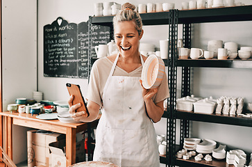 Image showing Happy woman, pottery and selfie in small business for social media, advertising or vlog at store. Female person or retail owner smiling with clay bowl for photo or online post on mobile smartphone