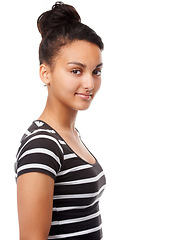 Image showing Portrait, smile and woman with beauty, fashion and confident girl isolated against a white studio background. Face, happy female person and young model with casual outfit, wellness and happiness