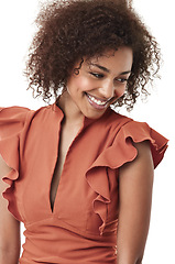 Image showing Thinking, fashion and portrait of African woman in studio with smile, confidence and happy on white background. Business, corporate and female worker with positive mindset, thoughtful and happiness