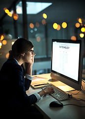 Image showing Night, computer screen or business woman with research networking overtime on digital technology website. Late, lens flare or focused female employee online for company deadline on internet in office