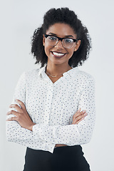 Image showing Smile, business and portrait of black woman with arms crossed in studio isolated on a white background mockup. Glasses, confidence and face of professional, entrepreneur or person from South Africa.
