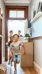 Image showing Home, boy and girl running in a hallway, real estate and family with boxes, move and happiness. Parents, siblings and female kid with male child, smile and excited for new apartment, run and property