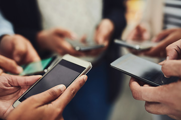 Image showing Business people, phone and hands for networking, connection or communication together at office. Hand of group holding mobile smartphone in social media, data sync or sharing information at workplace