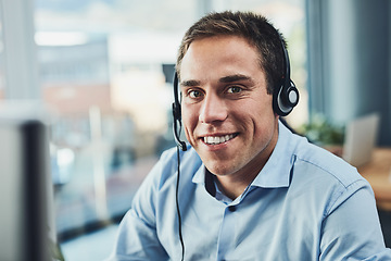 Image showing Businessman, call center and portrait smile with headphones in customer service, support or telemarketing at office. Man consultant agent smiling for online advice, help or assistance in contact us