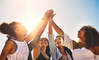 Image showing High five, hands and women outdoors for solidarity, trust and goal collaboration. People, commitment and friends with hand in support of success, celebration and partnership deal, unity and excited