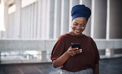 Image showing African business woman, city and texting with phone, smile and happiness for contact, chat or email notification. Female entrepreneur, smartphone and networking with excited face for communication