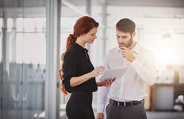 Image showing Business people, documents and sharing ideas for corporate finance, planning or meeting at the office. Businessman and woman discussing paperwork for project, financial management or company budget