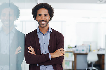 Image showing Workplace, portrait or happy black man with arms crossed, pride or smile in a business or modern office. Headshot of proud African American worker smiling with confidence, mission or positive mindset