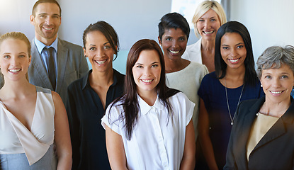 Image showing Group, portrait and happy business people with leadership, career management and diversity in workplace or company. Smile on face of employees, women or men together for teamwork and career mindset