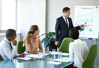 Image showing Business man, speaker or presentation of corporate management team with sustainable growth chart. Training, people or collaboration of eco friendly company staff in conference room for report meeting