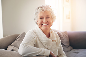 Image showing Relax, happy and portrait of old woman on sofa for free time, retirement and weekend. Smile, happiness and mindset with senior person in living room at home for elderly, positive and carefree