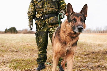 Image showing Portrait, focus and german shepherd or service dog or security in uniform and male soldier with puppy on leash outdoors. Military, courage and pet ready for army mission or tactical recruit in gear