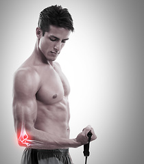 Image showing Man, elbow and x ray in weightlifting injury, workout or exercise against a gray studio background. Muscular male lifting weight with sore arm, ache or pain from sports accident on mockup space