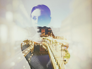 Image showing Woman, buildings and night with double exposure, vision and fashion for fancy event, water or freedom by road. Girl, thinking and holographic overlay with cityscape, urban skyline or bokeh on street