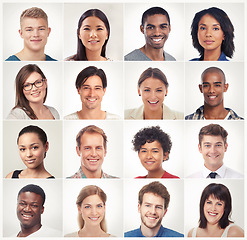 Image showing Mosaic, face collage or portrait of happy people in a community group of society diversity or race. Headshot, country or montage of global men or women smile in studio isolated on white background