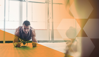 Image showing Overlay, plank and man exercise in gym for health, wellness and core strength. Workout, planking and serious male athlete or person exercising, training abs and muscle at sports club for fitness.