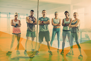 Image showing Group fitness, portrait and people at gym for exercise, workout and training goals. Serious men and women team with arms crossed together for rope challenge, power or commitment at club with overlay