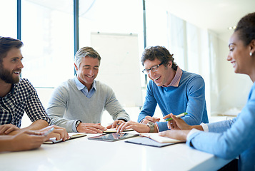 Image showing Planning, happy and tablet with business people in meeting for idea, project management and teamwork. Review, collaboration and branding with employees in boardroom for digital, data and solution