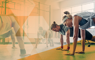 Image showing Fitness group, push up and people exercise, workout and training together at gym. Athlete man and woman on floor for power challenge, strong muscle or health and wellness at club with mockup overlay