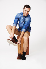 Image showing Fashion, portrait and shoes for happy man in studio on white background for getting ready or dressing. Face, choice and casual male with outfit for style, decision and fashionable or trendy aesthetic