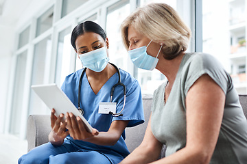 Image showing Doctor, senior woman and tablet with mask for covid consultation and digital results. Patient, nurse and tech data with a female person with communication and health insurance information at clinic