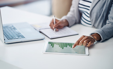 Image showing Data, tablet and accountant working on graph results or planning company finance performance in an office. Woman, hands and financial advisor doing a growth analysis of a startup using statistics