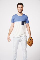Image showing Man, portrait and holding baseball with glove in studio for safety, pitch or catch in sport game by white background. Guy, isolated model and softball in sports gear, fitness and training with smile