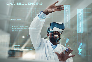 Image showing Black man, doctor and VR for future DNA, experiment or dashboard in medical research at hospital. Happy African male healthcare professional smiling for virtual reality or laboratory technology