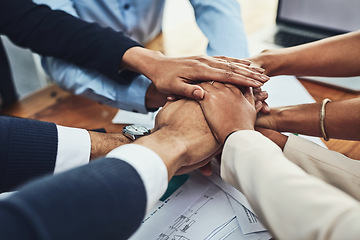 Image showing Hands together, business people in meeting and solidarity, support and team huddle with collaboration. Group of employees working in office, teamwork and mission with hand stack over paperwork