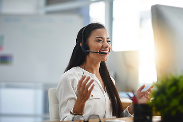Image showing Laughing, agent or happy woman in call center consulting, speaking or talking at virtual assistant help desk. Smile, friendly or funny sales consultant in telemarketing customer services or telecom