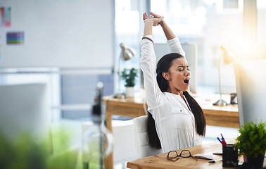 Image showing Yawn, stretching or tired woman with fatigue in call center overworked or overwhelmed by telecom deadline. Burnout, exhausted girl or female sales agent yawning while networking overtime at help desk