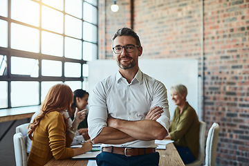 Image showing Portrait, business and man with arms crossed, startup success and leadership skills. Face, happy male person and manager with confidence, collaboration and teamwork with partnership and innovation